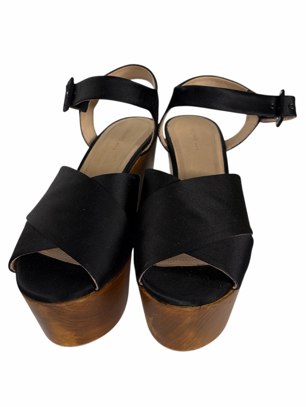 Celine Paris Black Leather Wooden Platform Sandals Size 36